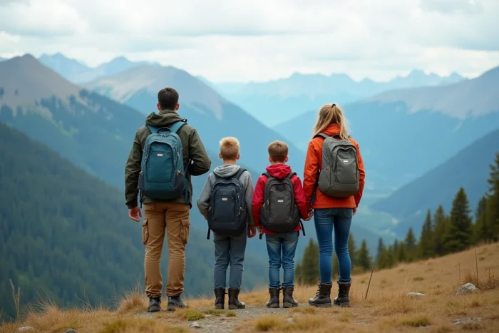Famille en randonnée au sommet d'une montagne avec vue panoramique