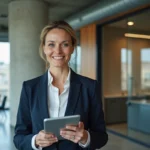 Femme d'affaires professionnelle dans un espace de coworking moderne à Rennes, tenant une tablette dans un cadre de bureau contemporain