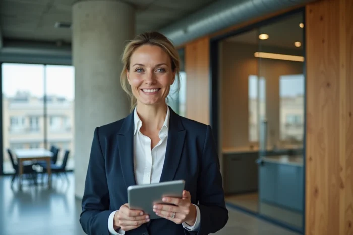 Femme d'affaires professionnelle dans un espace de coworking moderne à Rennes, tenant une tablette dans un cadre de bureau contemporain
