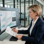 Femme d'affaires analysant des tableaux de bord numériques pour optimiser la gestion de son entreprise dans un bureau moderne
