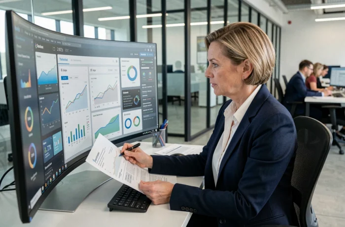 Femme d'affaires analysant des tableaux de bord numériques pour optimiser la gestion de son entreprise dans un bureau moderne