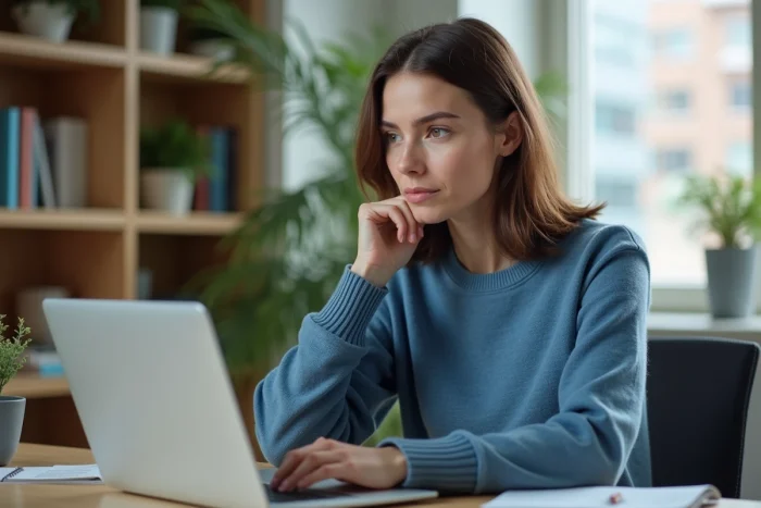 Femme concentrée dans un bureau moderne et lumineux