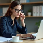 Femme concentrée en bureau avec ordinateur et documents
