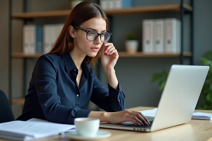 Femme concentrée en bureau avec ordinateur et documents