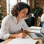 Femme entrepreneure concentrée travaillant sur son plan d'affaires dans un espace de coworking moderne