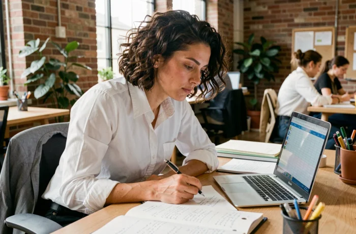 Femme entrepreneure concentrée travaillant sur son plan d'affaires dans un espace de coworking moderne