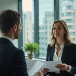 Femme confiante en immobilier avec documents et agent
