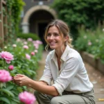 Femme dans le jardin examinant des pivoines et roses