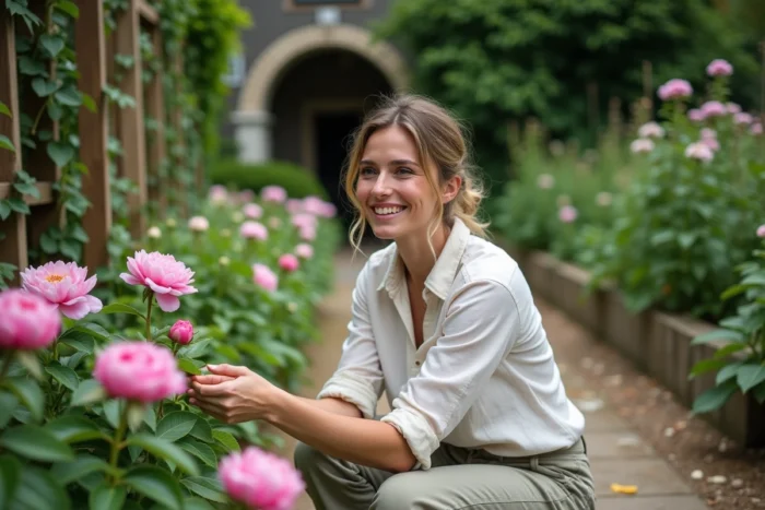 Femme dans le jardin examinant des pivoines et roses