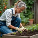 Femme jardinant dans un potager surélevé, transplantant des plants avec des gants et une salopette en jean, entourée de légumes et de pots en terre cuite