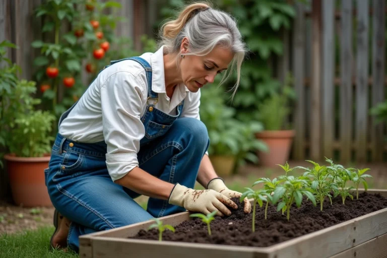 Femme jardinant dans un potager surélevé, transplantant des plants avec des gants et une salopette en jean, entourée de légumes et de pots en terre cuite