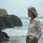 Femme explorant les rochers et les vasques naturelles sur le littoral atlantique du Pays de Retz