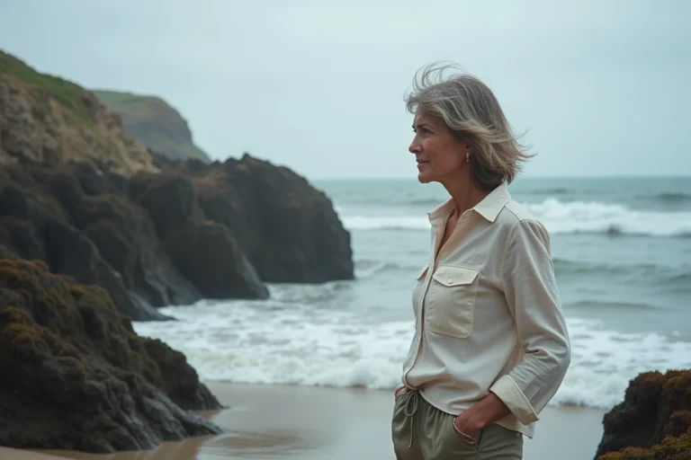 Femme explorant les rochers et les vasques naturelles sur le littoral atlantique du Pays de Retz