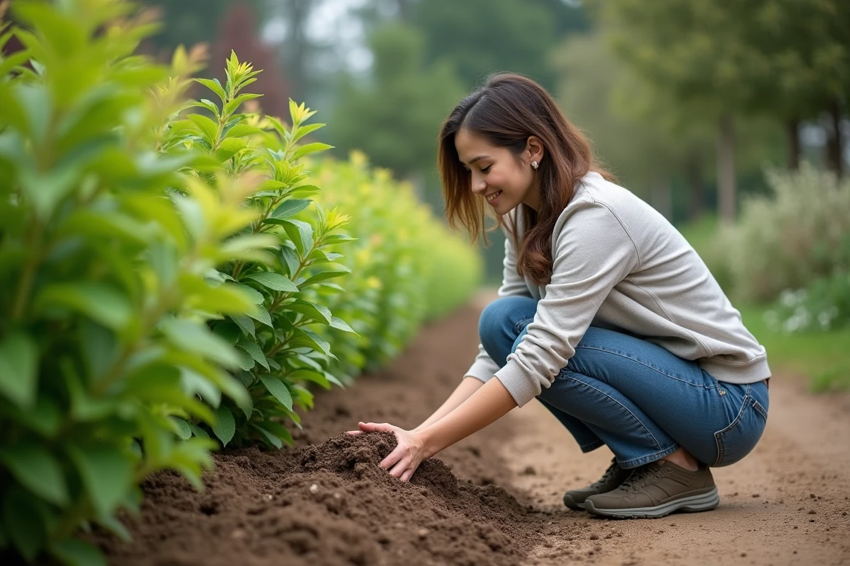 Femme en jardinage mulchant des rhus viminalis matures