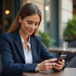 Femme élégante à Paris avec carte bancaire et smartphone
