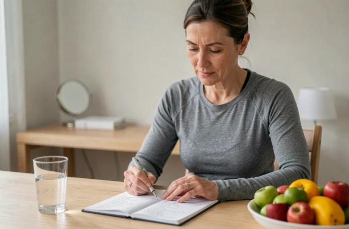Femme consultant un journal de nutrition et un plan fitness à domicile pour surprendre son corps et perdre du poids durablement