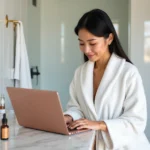 Femme en robe blanche consultant les services de la plateforme beauté Chic en ligne sur un ordinateur portable posé sur une coiffeuse en marbre