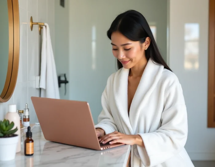 Femme en robe blanche consultant les services de la plateforme beauté Chic en ligne sur un ordinateur portable posé sur une coiffeuse en marbre