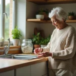 Femme âgée triant des recyclables dans une cuisine moderne