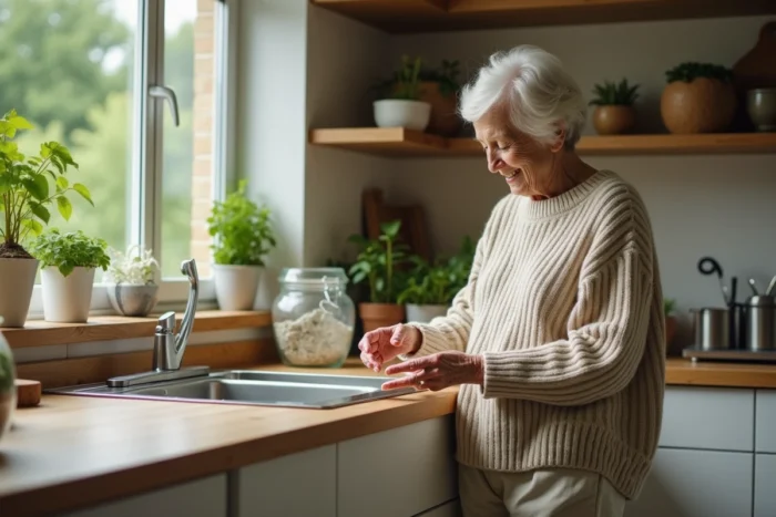 Femme âgée triant des recyclables dans une cuisine moderne