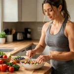Femme active préparant un repas sain et équilibré dans une cuisine moderne pour perdre du poids durablement