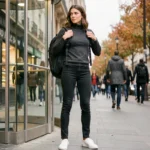 Femme citadine portant un sac à dos technique noir dans une rue parisienne animée en automne