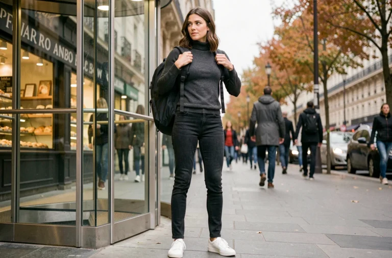 Femme citadine portant un sac à dos technique noir dans une rue parisienne animée en automne