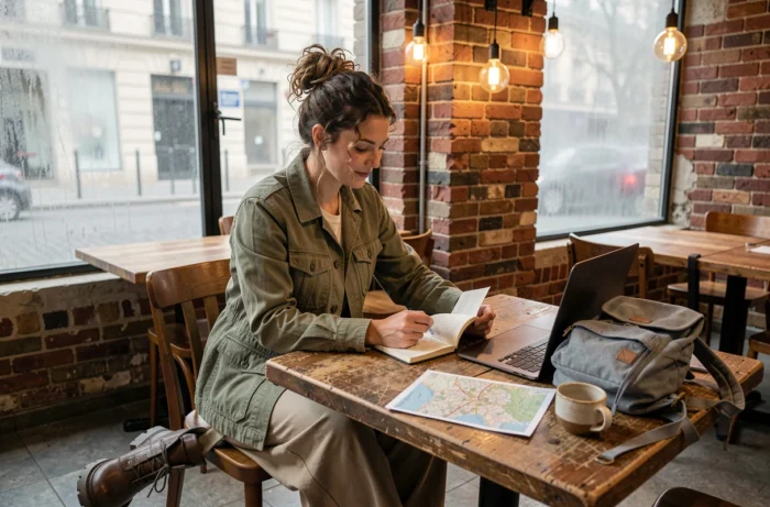 Jeune femme avec sac à dos technique ouvert dans un café contemporain parisien, travaillant sur son ordinateur