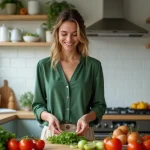 Femme souriante préparant une salade dans une cuisine moderne