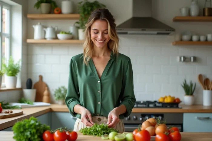 Femme souriante préparant une salade dans une cuisine moderne