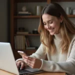 Jeune femme souriante utilisant son ordinateur à la maison