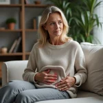 Femme de 40 ans avec un pack chauffant dans un salon chaleureux