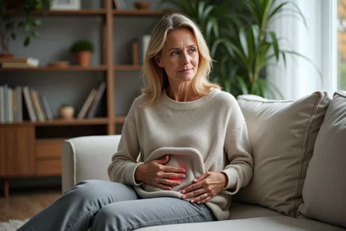 Femme de 40 ans avec un pack chauffant dans un salon chaleureux