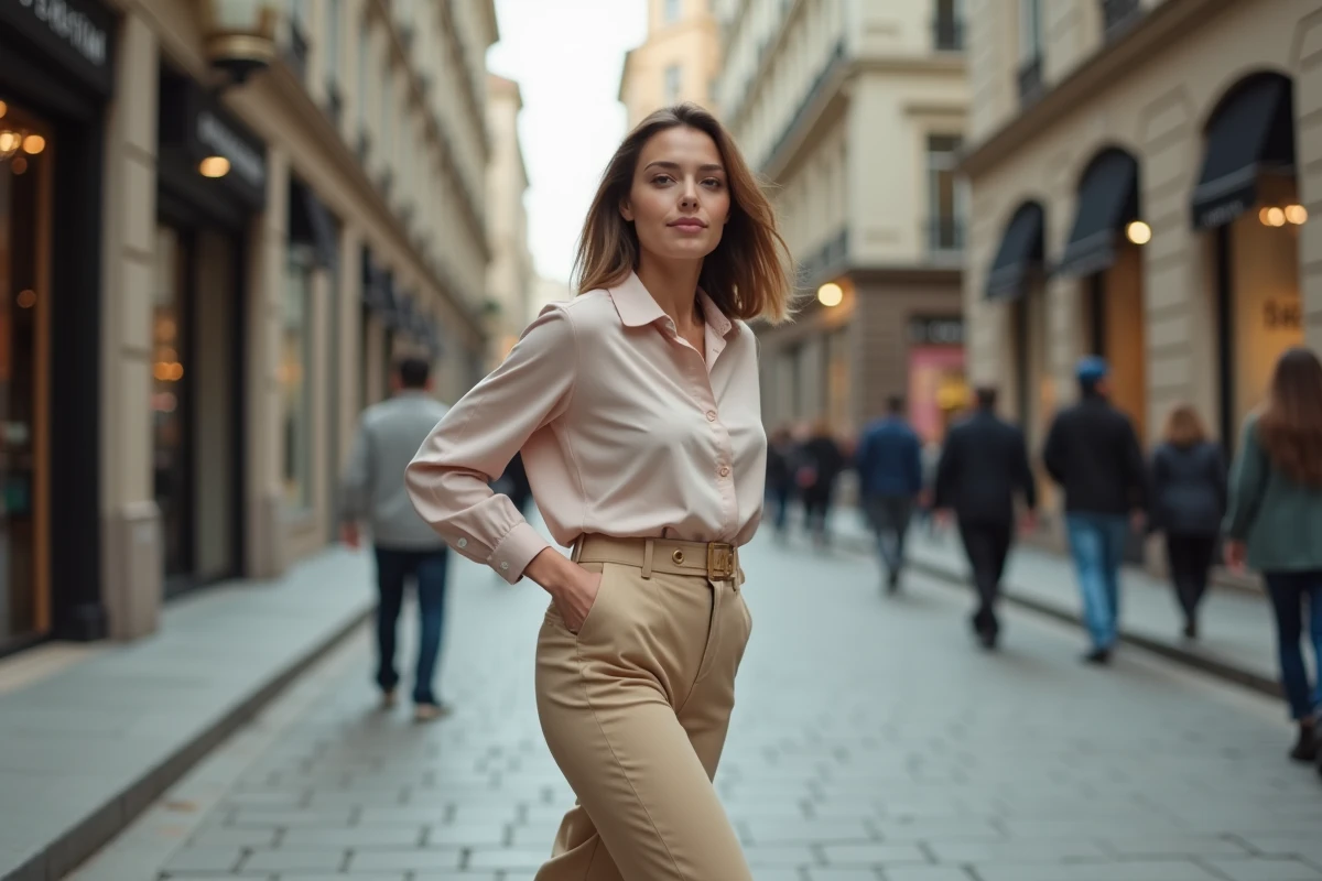 Jeune femme en pantalon beige marche dans la ville