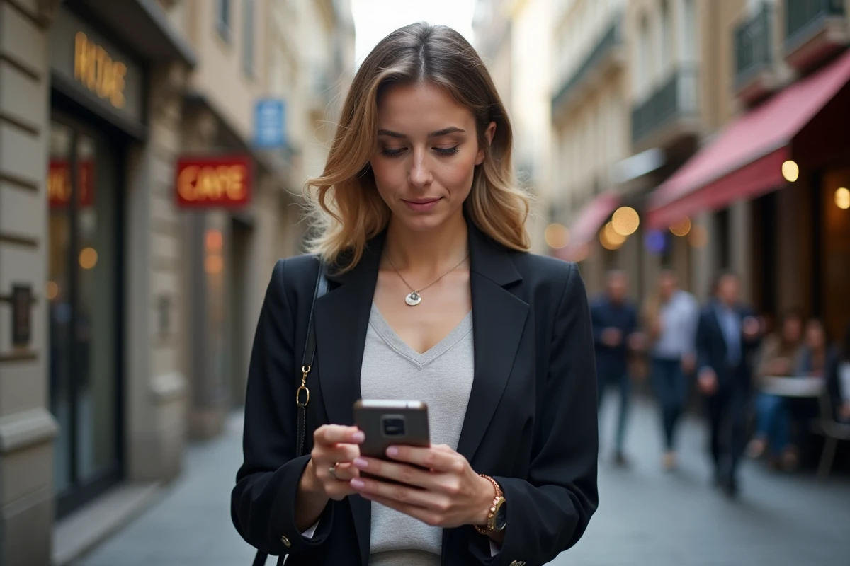 Femme urbaine regardant son smartphone dans une rue animée