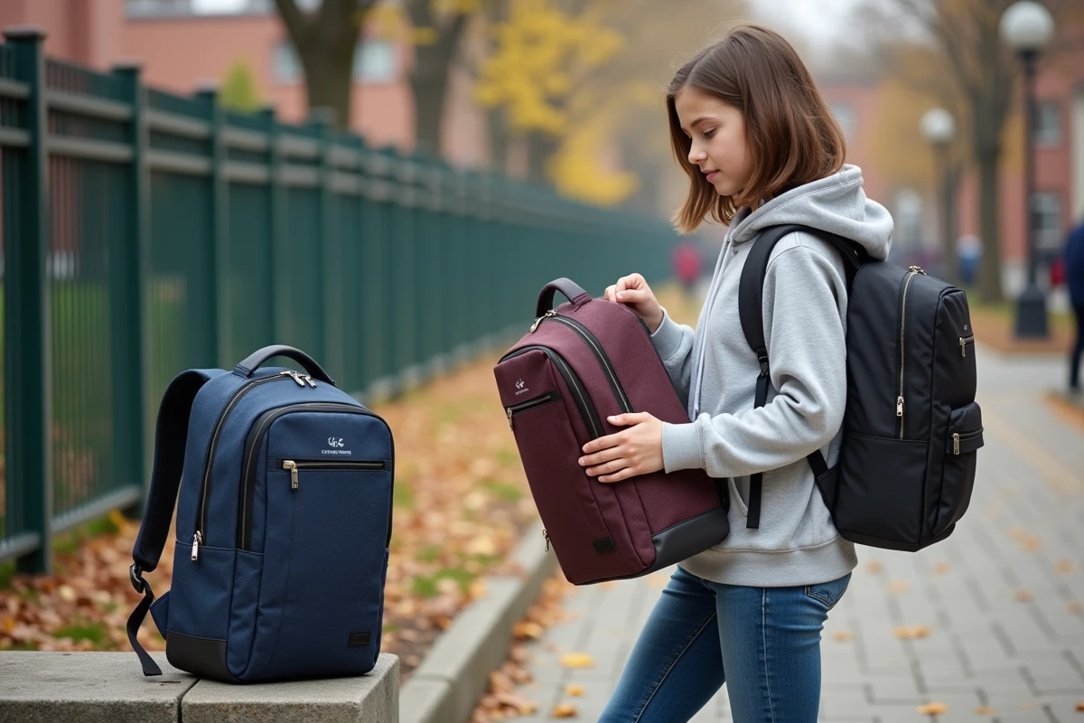 Fille vérifie deux sacs à dos dans une cour d