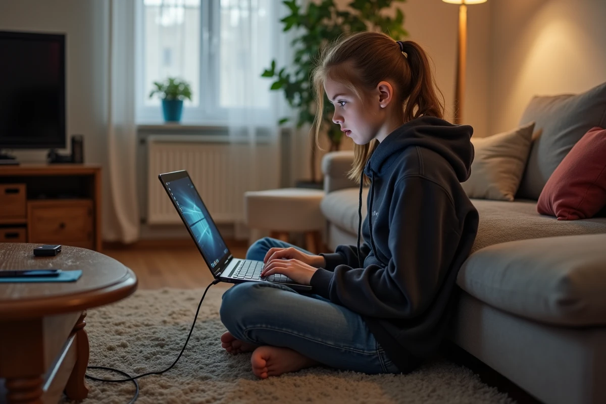 Fille adolescente jouant sur un ordinateur portable dans le salon