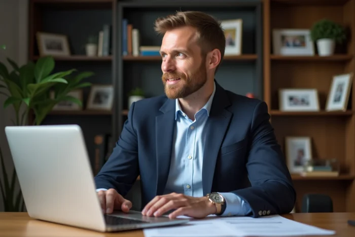 Homme en costume dans un bureau moderne pour l'article