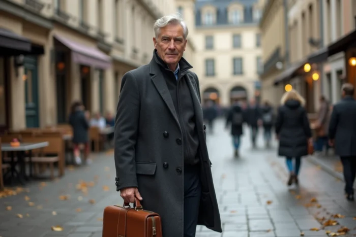 Homme d'affaires élégant marchant avec assurance sur la Place de la République à Rennes en automne avec une mallette en cuir