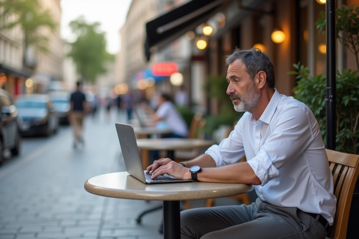 Homme vérifiant Facebook sur son ordinateur en extérieur