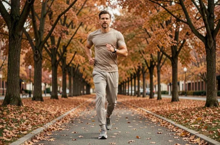 Homme en train de courir dans un parc en automne pour accélérer la perte de poids rapidement