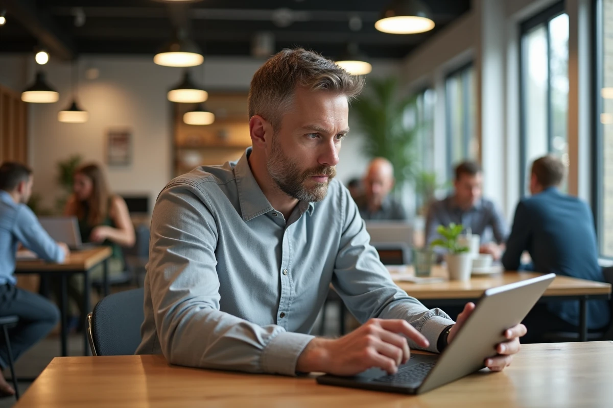 Homme d age moyen travaillant sur sa tablette au coworking