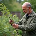 Homme inspectant branches de rhus viminalis dans un jardin