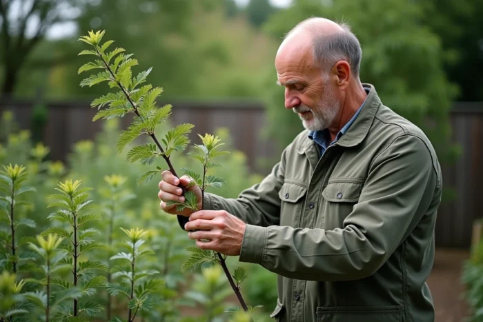 Homme inspectant branches de rhus viminalis dans un jardin