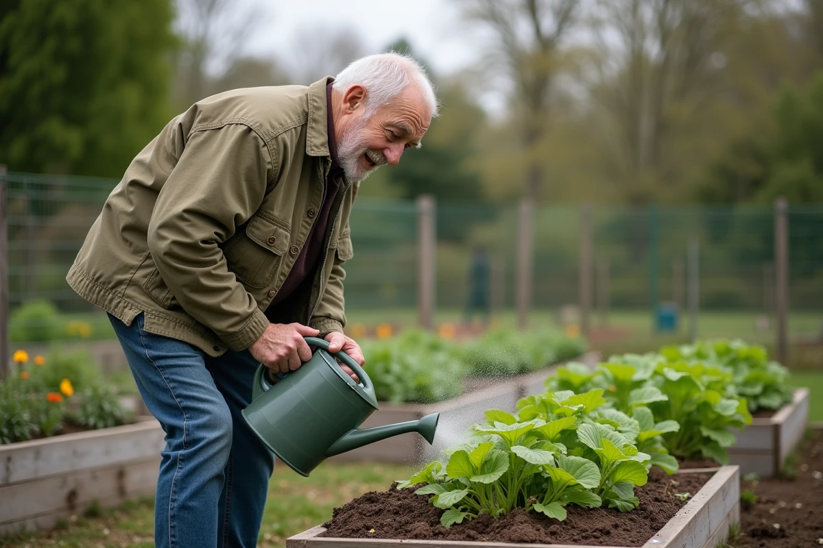 Homme senior arrosant ses légumes dans un jardin communautaire