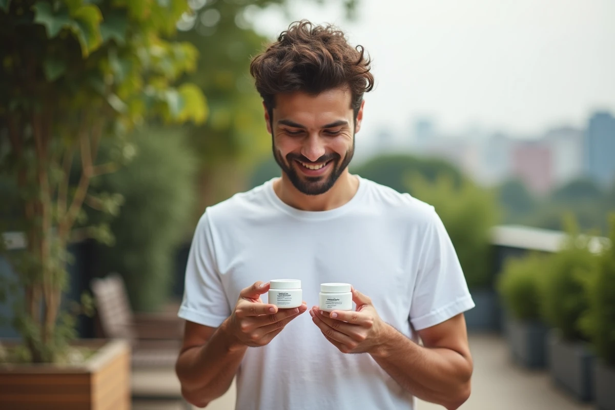 Homme examine des pots de creme sur une terrasse en ville