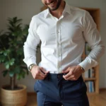 Homme élégant en pantalon navy dans un appartement cosy