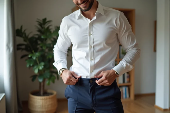 Homme élégant en pantalon navy dans un appartement cosy