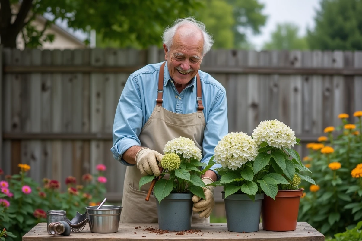 Homme âgé taillant une hortensia dans le jardin