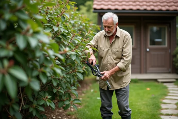 Homme en train de tailler un rosier dans un jardin entretenu, tenant un sécateur en inox, avec une allée en pierre et un cabanon de jardin en arrière-plan